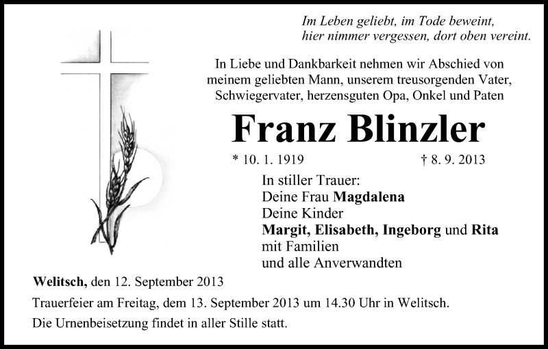  Traueranzeige für Franz Blinzler vom 12.09.2013 aus MGO