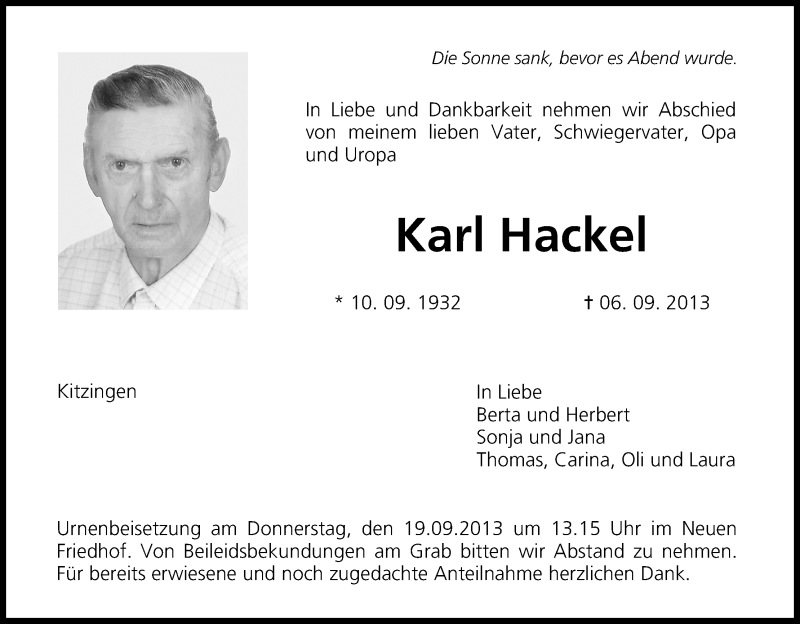  Traueranzeige für Karl Hackel vom 14.09.2013 aus MGO