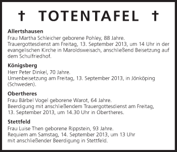 Anzeige von Totentafel vom 13.09.2013 von MGO