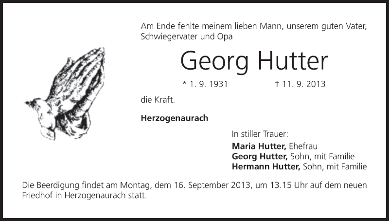  Traueranzeige für Georg Hutter vom 14.09.2013 aus MGO