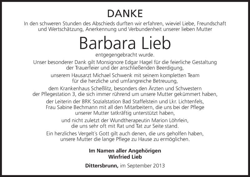  Traueranzeige für Barbara Lieb vom 14.09.2013 aus MGO