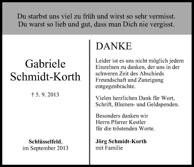  Traueranzeige für Gabriele Schmidt-Korth vom 14.09.2013 aus MGO