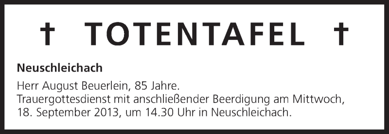  Traueranzeige für Totentafel vom 17.09.2013 vom 17.09.2013 aus MGO