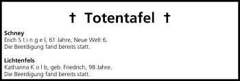 Anzeige von Totentafel vom 14.09.2013 von MGO