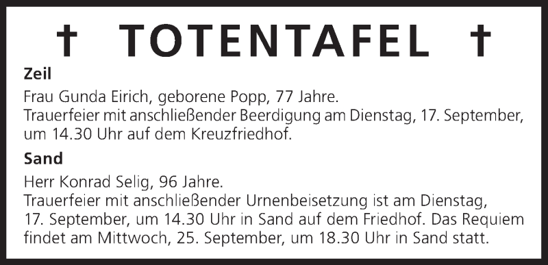  Traueranzeige für Totentafel vom 16.09.2013 vom 16.09.2013 aus MGO