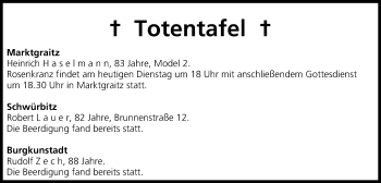 Anzeige von Totentafel vom 17.09.2013 von MGO