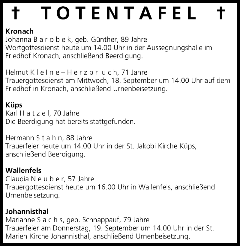  Traueranzeige für Totentafel vom 17.09.2013 vom 17.09.2013 aus MGO