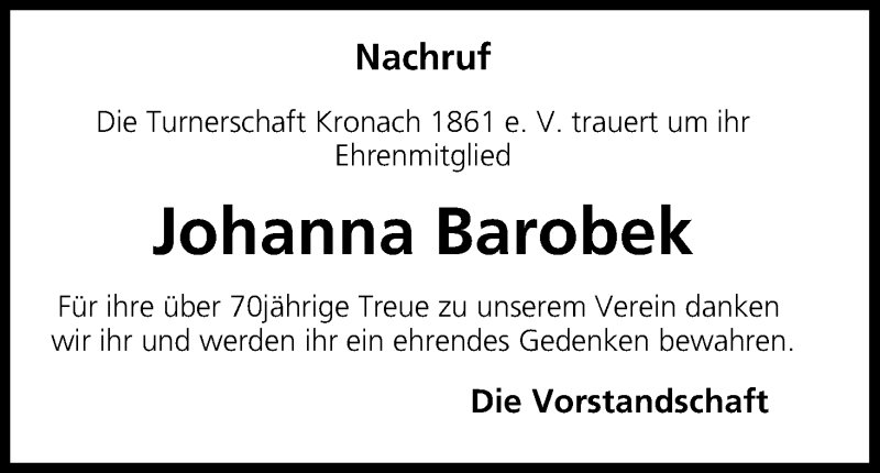  Traueranzeige für Johanna Barobek vom 17.09.2013 aus MGO
