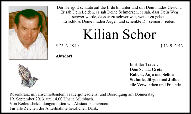  Traueranzeige für Kilian Schor vom 17.09.2013 aus MGO