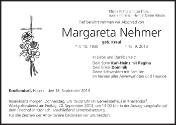 Anzeige von Margareta Nehmer von MGO