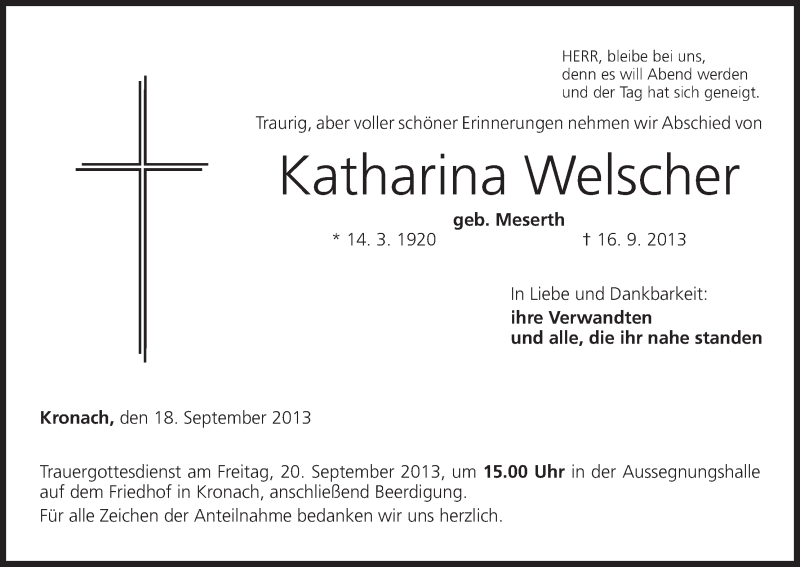  Traueranzeige für Katharina Welscher vom 18.09.2013 aus MGO