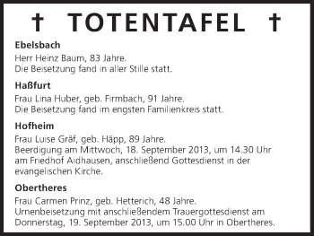 Anzeige von Totentafel vom 18.09.2013 von MGO
