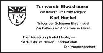Anzeige von Karl Hackel von MGO