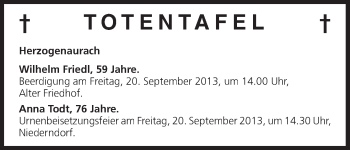 Anzeige von Totentafel vom 19.09.2013 von MGO