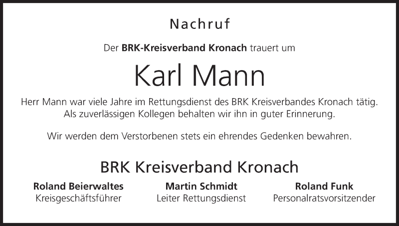  Traueranzeige für Karl Mann vom 18.09.2013 aus MGO