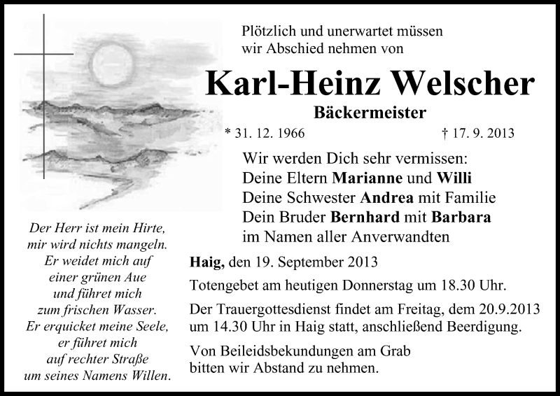  Traueranzeige für Karl-Heinz Welscher vom 19.09.2013 aus MGO