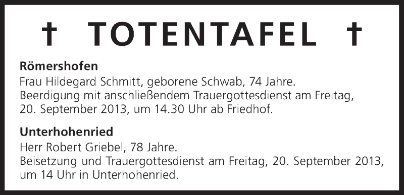  Traueranzeige für Totentafel vom 20.09.2013 vom 20.09.2013 aus MGO