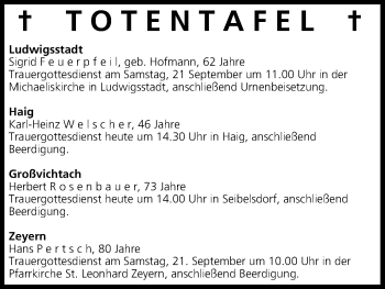 Anzeige von Totentafel vom 20.09.2013 von MGO