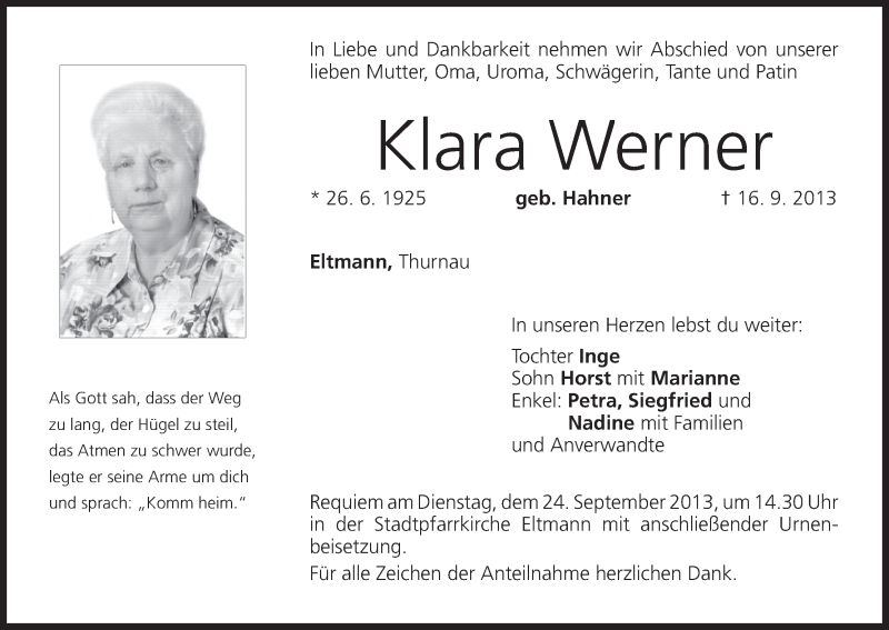  Traueranzeige für Klara Werner vom 21.09.2013 aus MGO