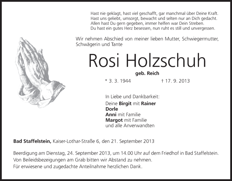  Traueranzeige für Rosi Holzschuh vom 21.09.2013 aus MGO