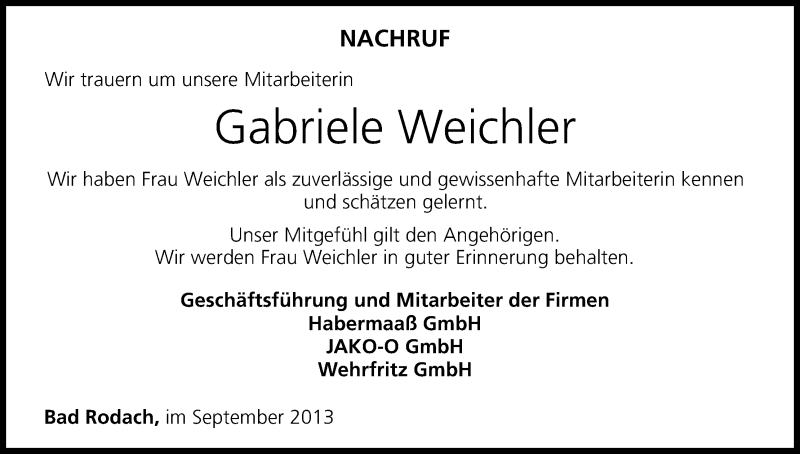 Traueranzeige für Gabriele Weichler vom 21.09.2013 aus MGO