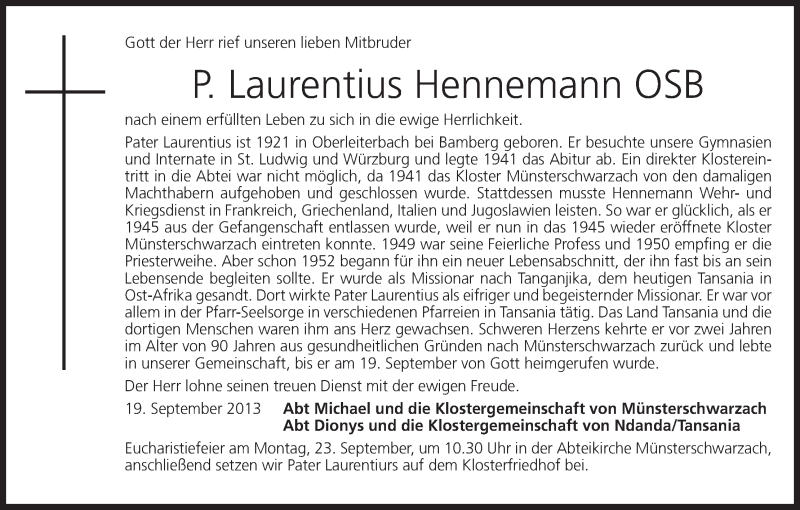  Traueranzeige für Laurentius Hennemann vom 20.09.2013 aus MGO