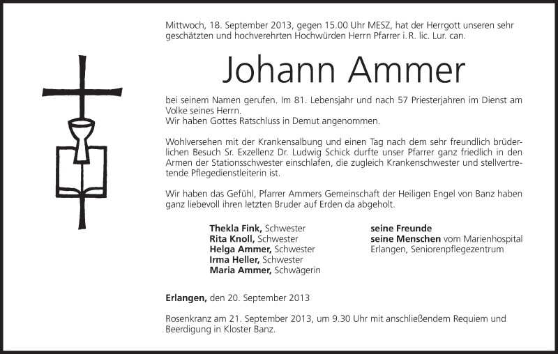  Traueranzeige für Johann Ammer vom 20.09.2013 aus MGO