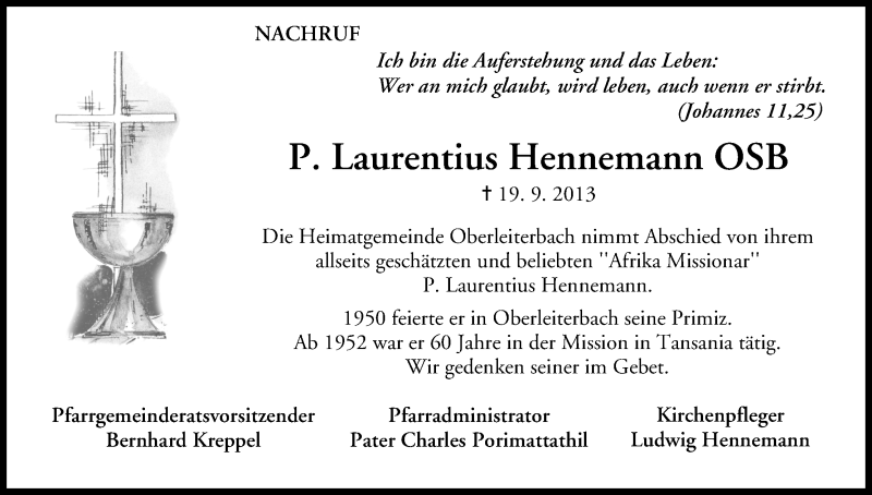  Traueranzeige für Laurentius Hennemann vom 21.09.2013 aus MGO