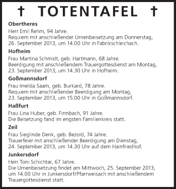 Anzeige von Totentafel vom 23.09.2013 von MGO