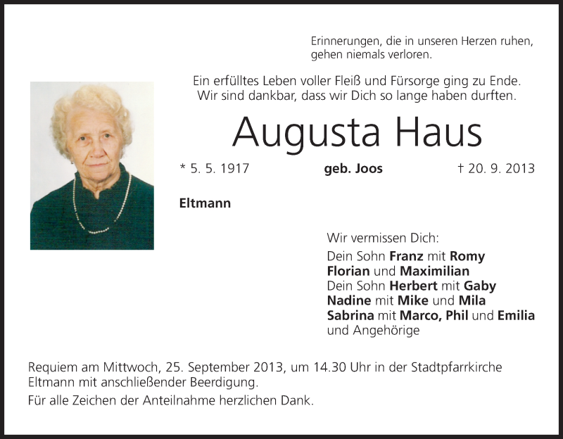  Traueranzeige für Augusta Haus vom 23.09.2013 aus MGO