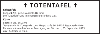 Anzeige von Totentafel vom 23.09.2013 von MGO