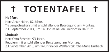 Anzeige von Totentafel vom 21.09.2013 von MGO