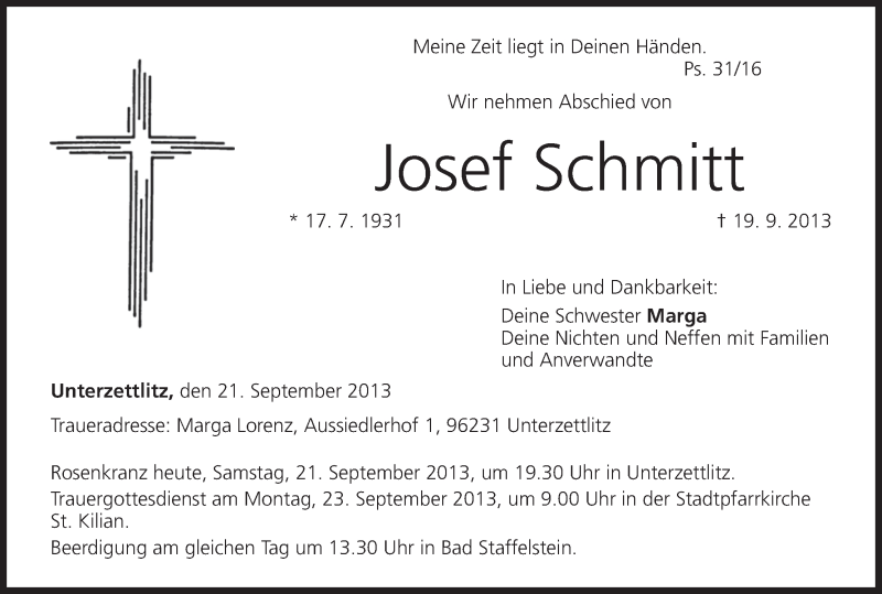  Traueranzeige für Josef Schmitt vom 21.09.2013 aus MGO