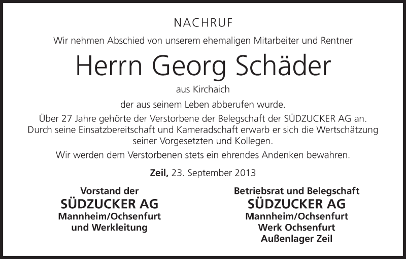  Traueranzeige für Georg Schäder vom 24.09.2013 aus MGO