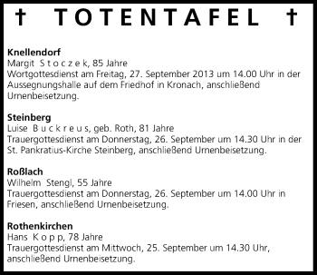 Anzeige von Totentafel vom 24.09.2013 von MGO