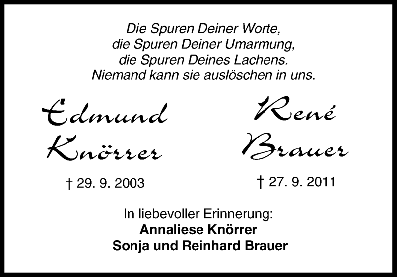  Traueranzeige für René Brauer vom 27.09.2013 aus MGO