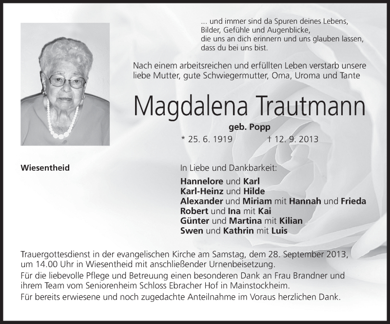  Traueranzeige für Magdalena Trautmann vom 26.09.2013 aus MGO