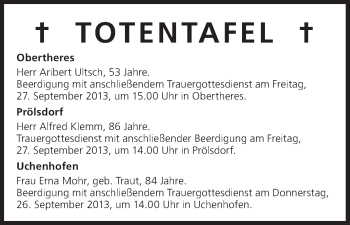 Anzeige von Totentafel vom 26.09.2013 von MGO