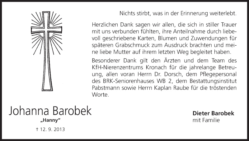  Traueranzeige für Johanna Barobek vom 28.09.2013 aus MGO