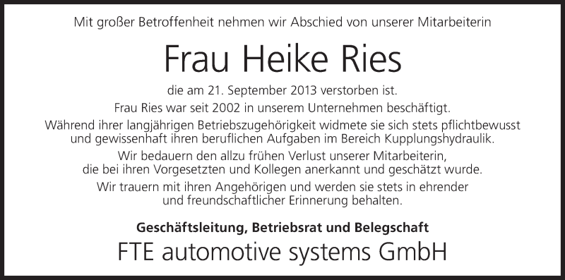  Traueranzeige für Heike Ries vom 27.09.2013 aus MGO