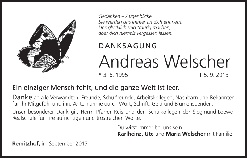 Traueranzeige für Andreas Welscher vom 28.09.2013 aus MGO