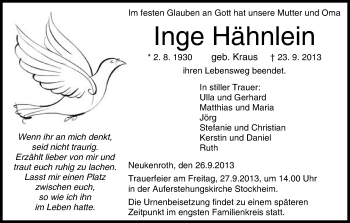 Anzeige von Inge Hähnlein von MGO