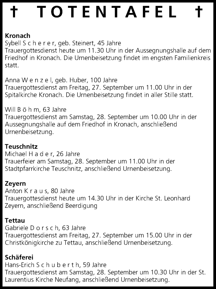  Traueranzeige für Totentafel vom 26.09.2013 vom 26.09.2013 aus MGO