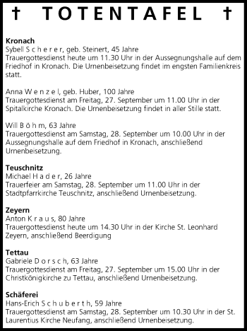 Anzeige von Totentafel vom 26.09.2013 von MGO