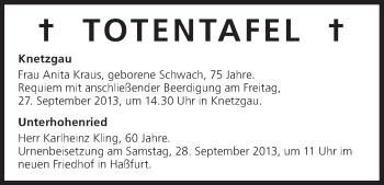 Anzeige von Totentafel vom 27.09.2013 von MGO