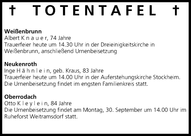  Traueranzeige für Totentafel vom 27.09.2013 vom 27.09.2013 aus MGO