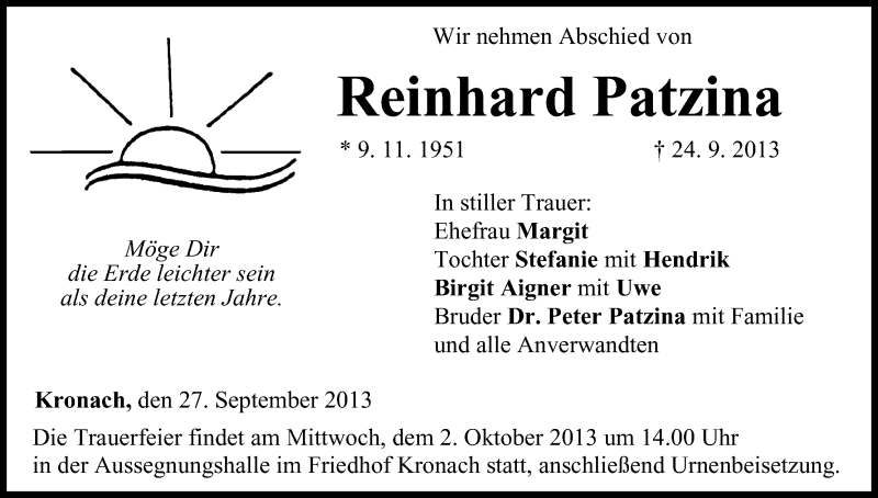  Traueranzeige für Reinhard Patzina vom 27.09.2013 aus MGO