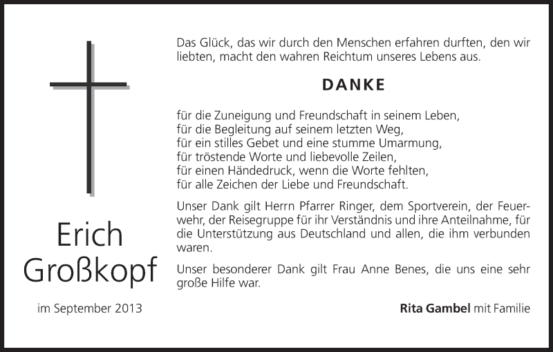  Traueranzeige für Erich Großkopf vom 28.09.2013 aus MGO