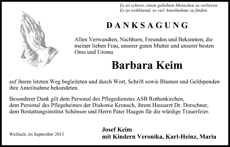  Traueranzeige für Barbara Keim vom 28.09.2013 aus MGO