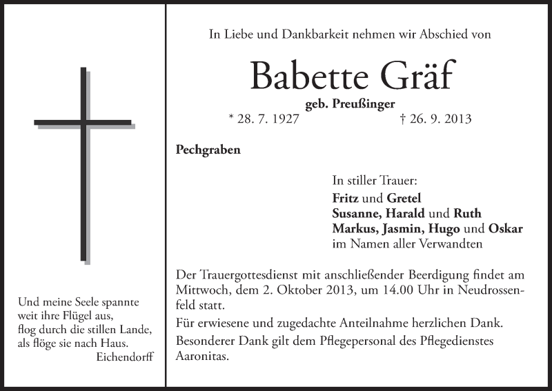  Traueranzeige für Babette Gräf vom 30.09.2013 aus MGO